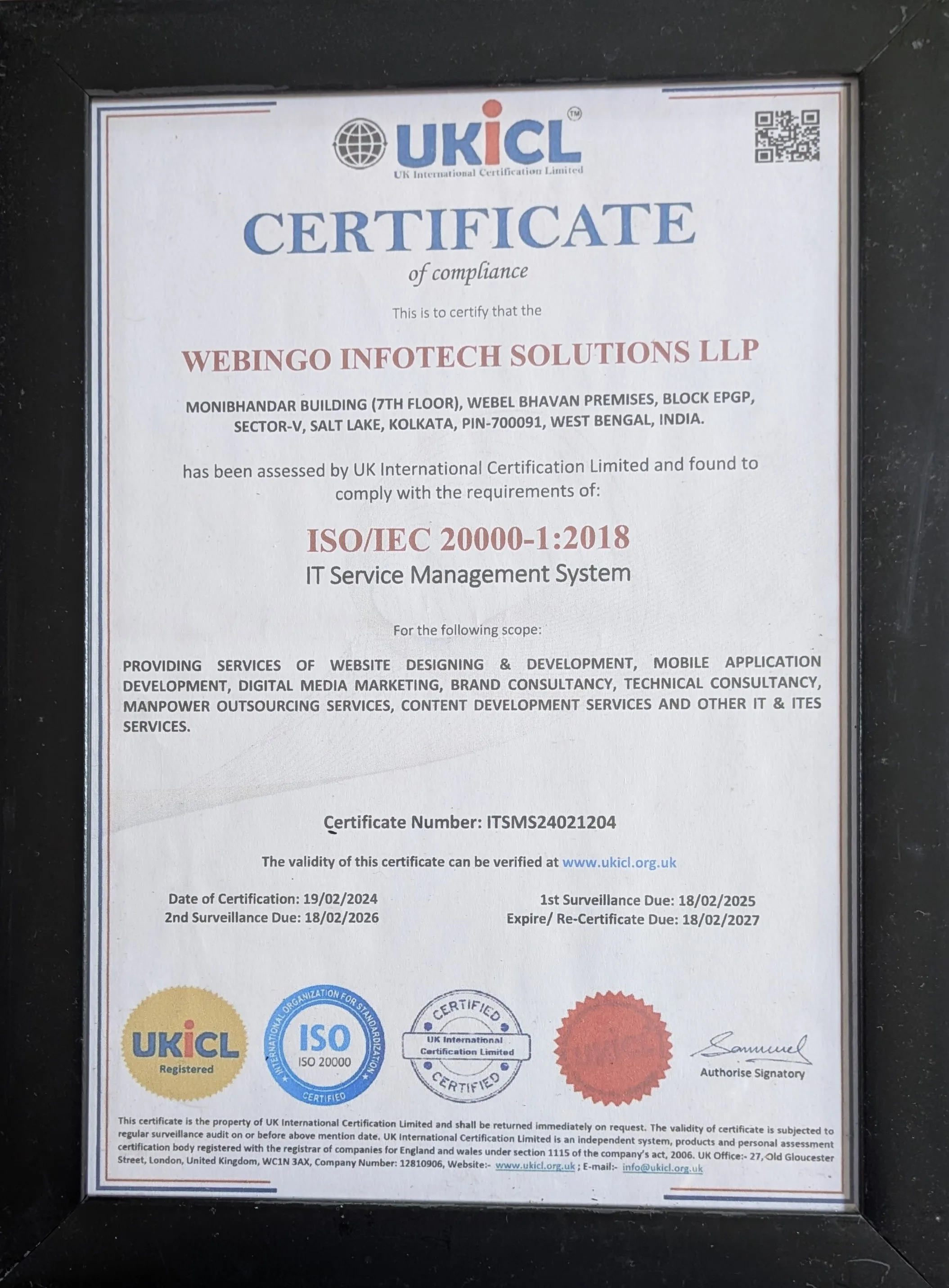 ISO IEC 20000 1 2018 certificate