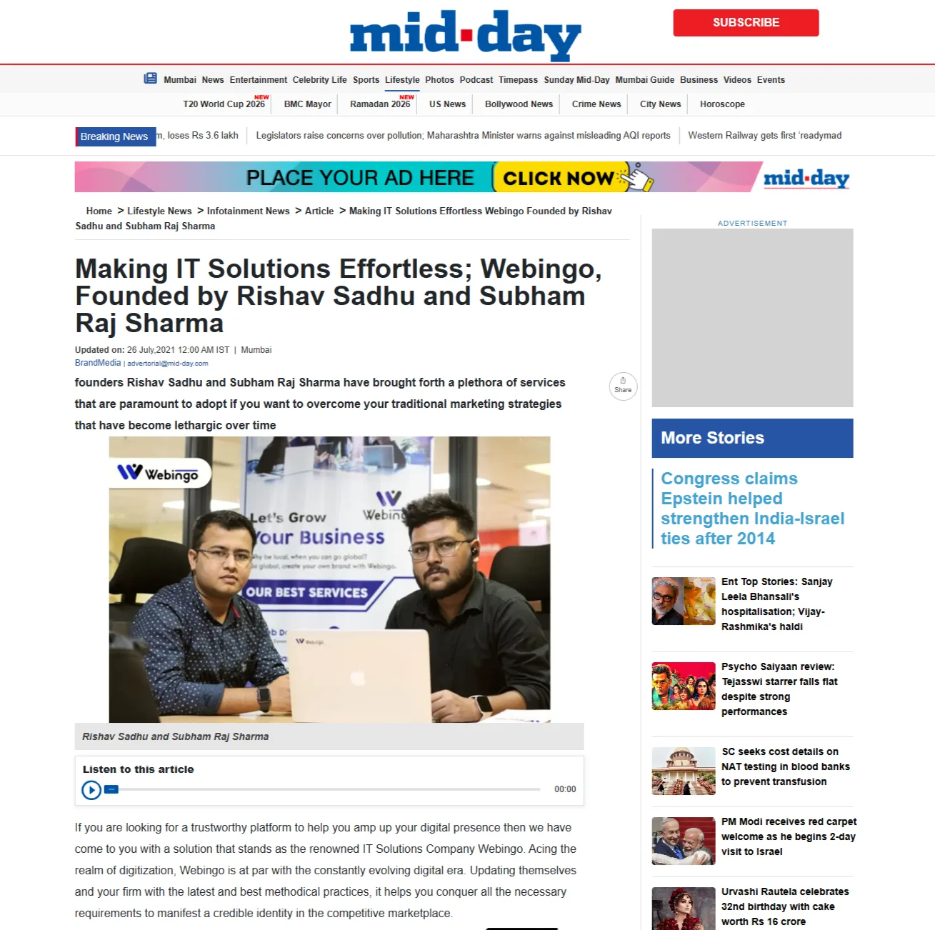 Mid-day article on Webingo IT solutions